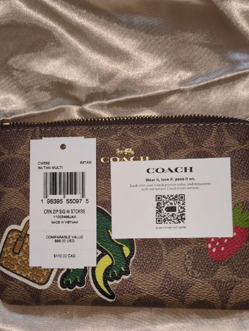 Coach Brown Signature Wristlet Pouch with Green Dino and Red Strawberry